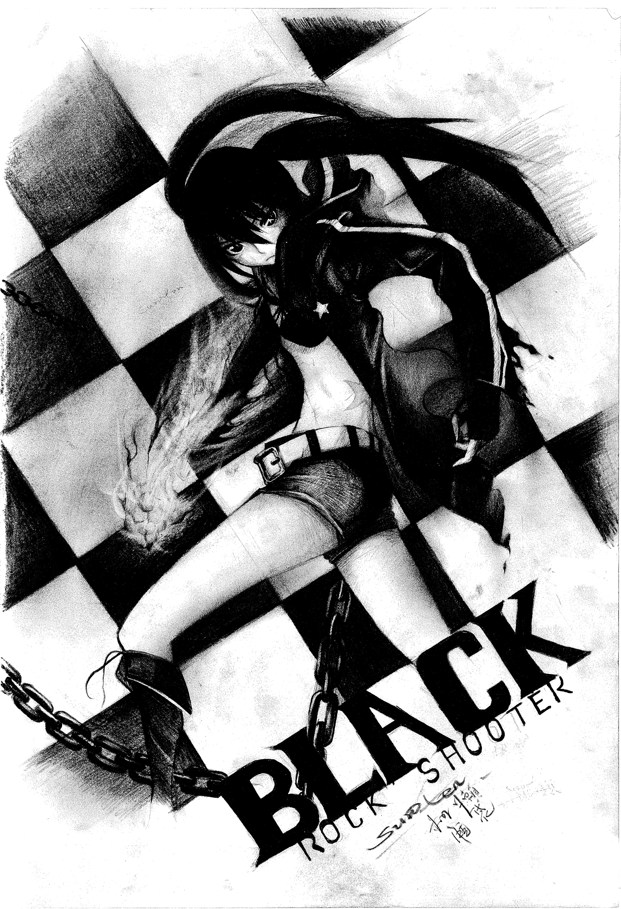 surolen, black rock shooter (character), black rock shooter, vocaloid, absurdres, bad id, bad pixiv id, charcoal (medium), highres, traditional media, 10s, 1girl, belt, bikini, bikini top only, black hair, boots, chain, coat, female focus, fingerless gloves, flat chest, gloves, greyscale, long hair, midriff, monochrome, navel, scar, shorts, sketch, solo, swimsuit, twintails