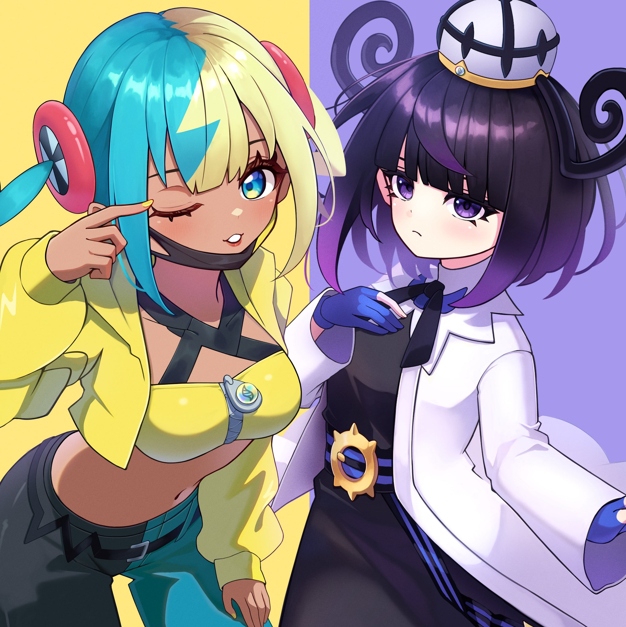 relight, canari (pokemon), gwynn (pokemon), nintendo, pokemon, pokemon legends: z-a, commentary request, highres, 2girls, aqua hair, baggy pants, bandeau, belt, belt buckle, black dress, black hair, black mask, black pants, blonde hair, blue eyes, blue gloves, blue hair, blunt bangs, blush, bob cut, breasts, buckle, closed mouth, coat, criss-cross straps, dark-skinned female, dark skin, dress, fire, gloves, gradient hair, hair between eyes, hair ornament, hand on own thigh, hat, jacket, long hair, long sleeves, looking at viewer, mask, mask pull, medium breasts, mega stone, mouth mask, multicolored hair, multiple girls, navel, o-ring, o-ring belt, one eye closed, open clothes, open coat, open mouth, pants, parted lips, partially fingerless gloves, purple eyes, purple fire, purple hair, short hair, short twintails, simple background, small breasts, smile, split-color hair, sports bra, stomach, twintails, two-tone hair, two-tone mask, two-tone pants, white coat, yellow bandeau, yellow jacket, yellow mask, yellow nails, yellow sports bra