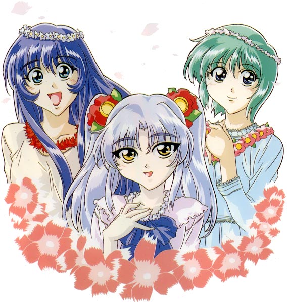 gotou keiji, hoshino ruri, misumaru yurika, subaru ryoko, kidou senkan nadesico, silver hair, 1990s (style), 3girls, blue eyes, blue hair, blush, flower, green hair, hair flower, hair ornament, happy, long hair, multiple girls, petals, retro artstyle, short hair, smile, twintails, yellow eyes