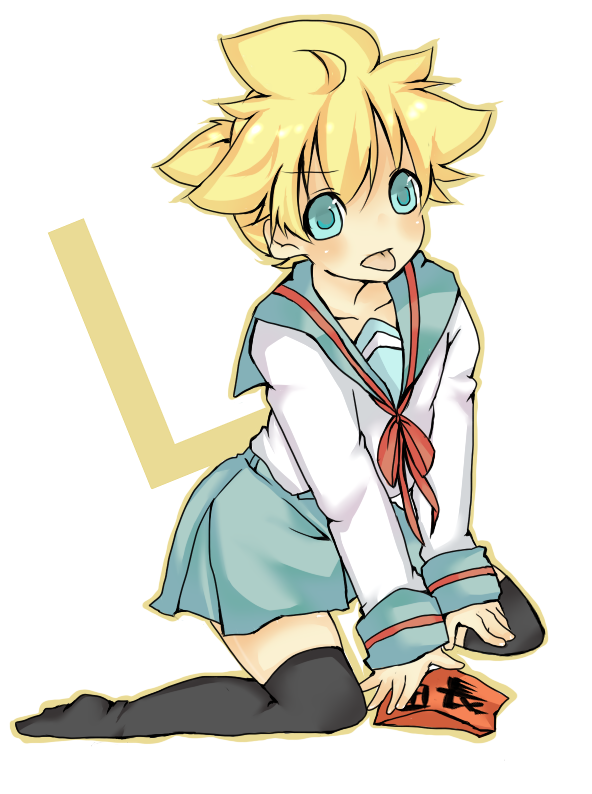 gin ga, kagamine len, suzumiya haruhi, suzumiya haruhi no yuuutsu, vocaloid, 1boy, blonde hair, blue eyes, child, cosplay, crossdressing, crossdressing (mtf), kneeling, male focus, ponytail, school uniform, serafuku, short hair, skirt, solo, suzumiya haruhi (cosplay), thighhighs, trap