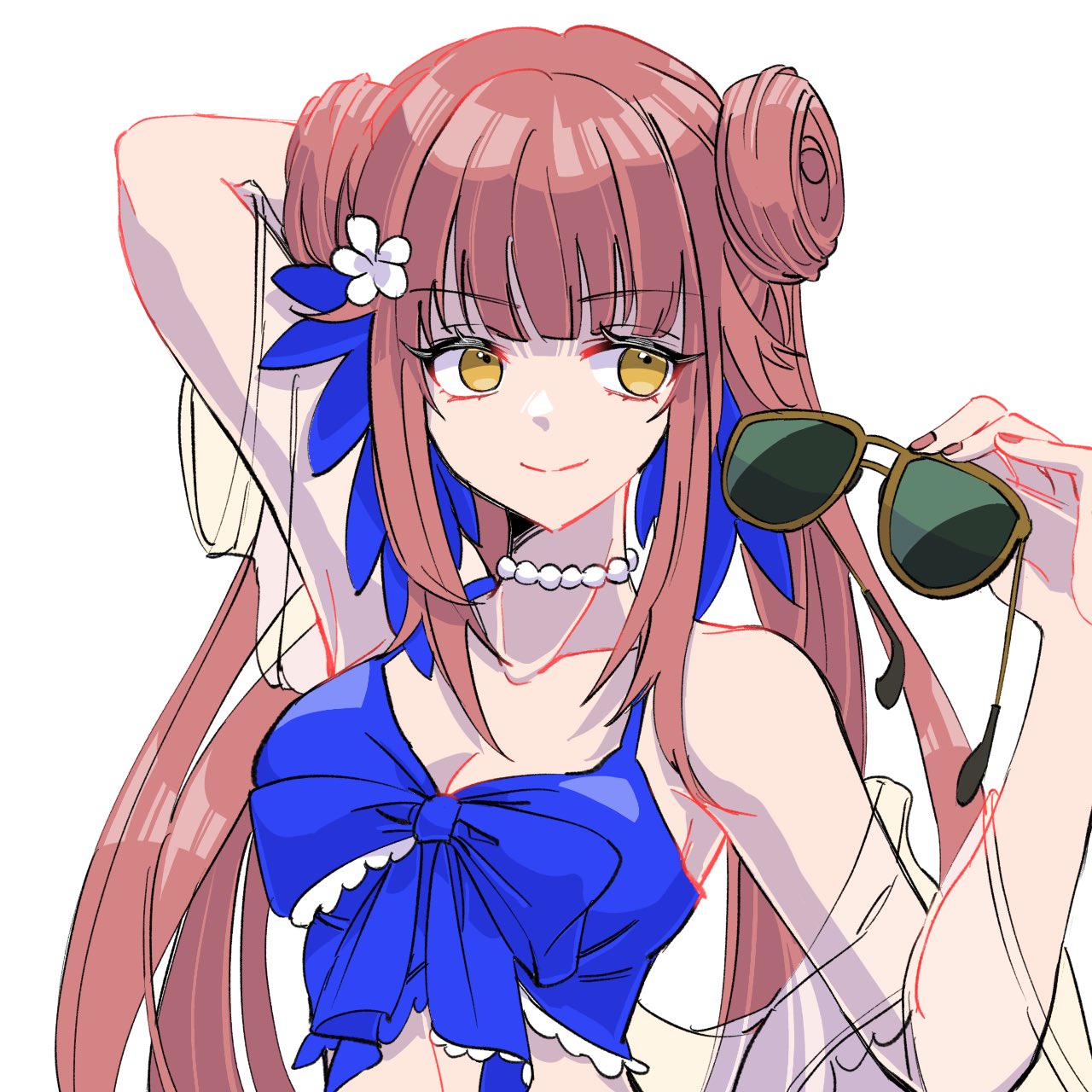 chomo o12, ceylon (arknights), ceylon (holiday) (arknights), arknights, highres, 1girl, arm up, bead necklace, beads, bikini, blue bikini, breasts, cleavage, double bun, feather hair, flower, hair bun, hair flower, hair ornament, holding, holding removed eyewear, jewelry, long hair, looking at viewer, medium breasts, necklace, official alternate costume, one-hour drawing challenge, pink hair, smile, solo, sunglasses, swimsuit, unworn eyewear, upper body, very long hair, white flower, yellow eyes