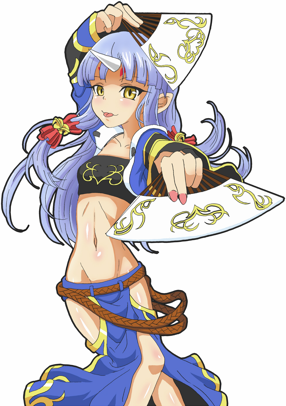 skyclayman, suzuka hime, banpresto, super robot wars, super robot wars og saga mugen no frontier, highres, 1girl, :p, bad anatomy, bandeau, bell, belt, blue hair, blush, detached sleeves, female focus, flat chest, groin, hair ribbon, hand fan, horns, long hair, midriff, nail polish, pink nails, pointy ears, ribbon, simple background, single horn, solo, strapless, tongue, tongue out, tube top, yellow eyes
