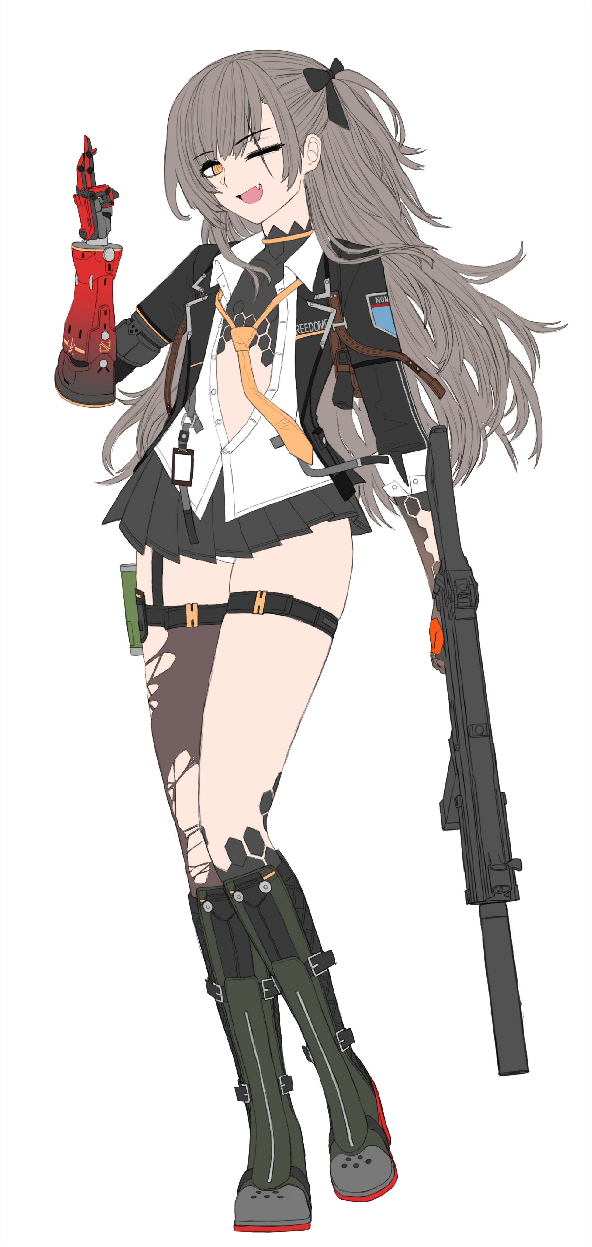 cheogtanbyeong, leva (girls' frontline 2), ump45 (girls' frontline), girls' frontline, girls' frontline 2: exilium, absurdres, commentary request, highres, korean commentary, unfinished, 1girl, ;d, black boots, black bow, black jacket, black skirt, boots, bow, brown hair, collared shirt, fang, flat color, full body, gun, h&k ump, hair bow, holding, holding gun, holding weapon, jacket, long hair, looking at viewer, loose necktie, mechanical arms, microskirt, necktie, one eye closed, one side up, open clothes, open jacket, open mouth, orange eyes, partially unbuttoned, pleated skirt, prosthesis, prosthetic arm, scar, scar across eye, scar on face, shirt, simple background, single mechanical arm, single thighhigh, skin fang, skindentation, skirt, smile, solo, submachine gun, thigh strap, thighhighs, torn clothes, torn thighhighs, weapon, white background, white shirt, yellow necktie