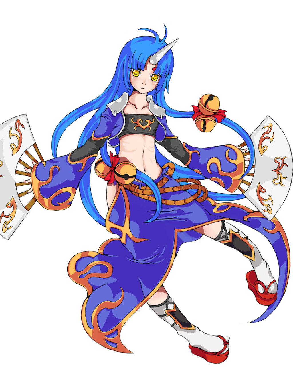 karasu (pixiv 4872165), suzuka hime, banpresto, super robot wars, super robot wars og saga mugen no frontier, highres, 1girl, bandeau, bell, belt, blue hair, female focus, flat chest, hand fan, horns, long hair, midriff, pointy ears, ribs, sandals, single horn, skirt, socks, solo, strapless, tube top, very long hair, yellow eyes