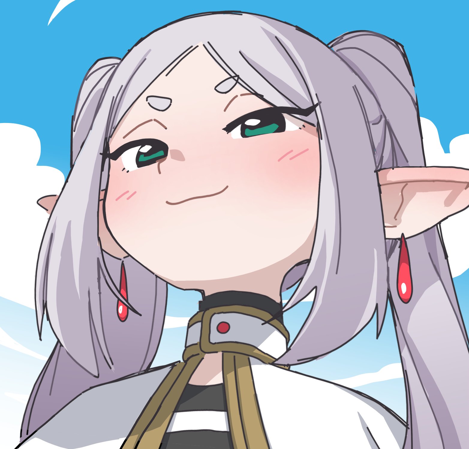 orenjipiiru, frieren, sousou no frieren, highres, 1girl, blue sky, capelet, earrings, elf, gold trim, green eyes, grey hair, head back, jewelry, long pointy ears, looking at viewer, meme, parted bangs, pointy ears, shirt, sky, smug, solo, striped clothes, striped shirt, teardrop earrings, thick eyebrows, twintails, upper body, upward angle frieren drawing (meme), v-shaped eyebrows, white capelet