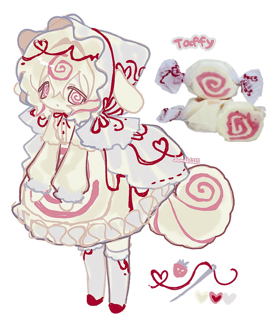 bomal1215, original, curled tail, 1girl, @ @, animal ears, candy, capelet, colored skin, dog ears, dog girl, dog tail, dress, food, frilled dress, frills, lolita fashion, long sleeves, looking at viewer, personification, shoes, simple background, socks, solo, sweet lolita, tail, veil, white background, white dress, white hair, white skin