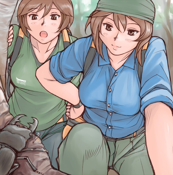 tsuda nanafushi, souseiseki, suiseiseki, rozen maiden, 00s, 2girls, aged up, bandana, beetle, breasts, brown eyes, brown hair, bug, casual, hand on own hip, hiking, hip focus, large breasts, multiple girls, open mouth, pants, shirt, siblings, sisters, sleeves rolled up, smile, twins