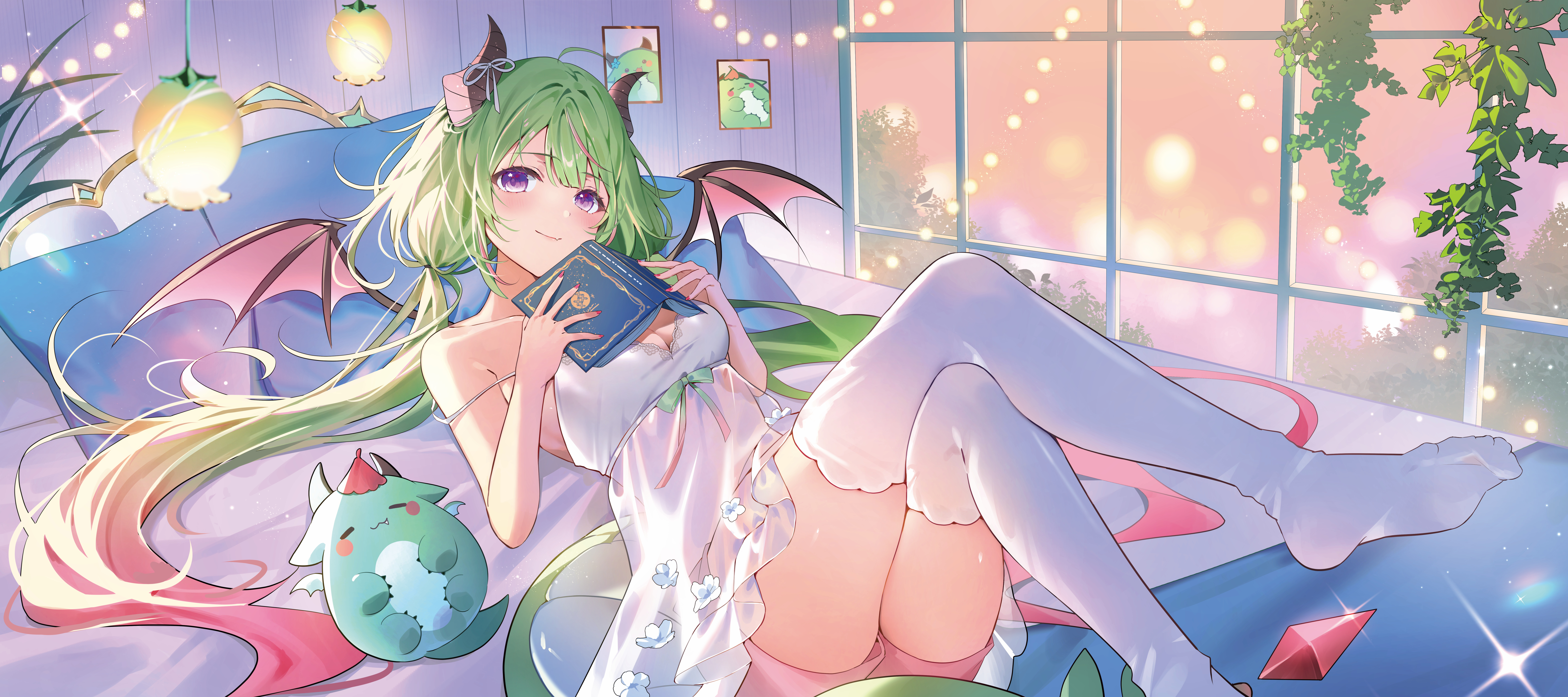 azna, stimpak (glitch stars), glitch stars, absurdres, highres, official art, 1girl, babydoll, book, breasts, closed mouth, crossed legs, gradient hair, green hair, holding, holding book, horns, long hair, multicolored hair, pillow, pink hair, pink nails, plant, purple eyes, strap slip, thighhighs, twintails, virtual youtuber, white babydoll, white thighhighs, wings