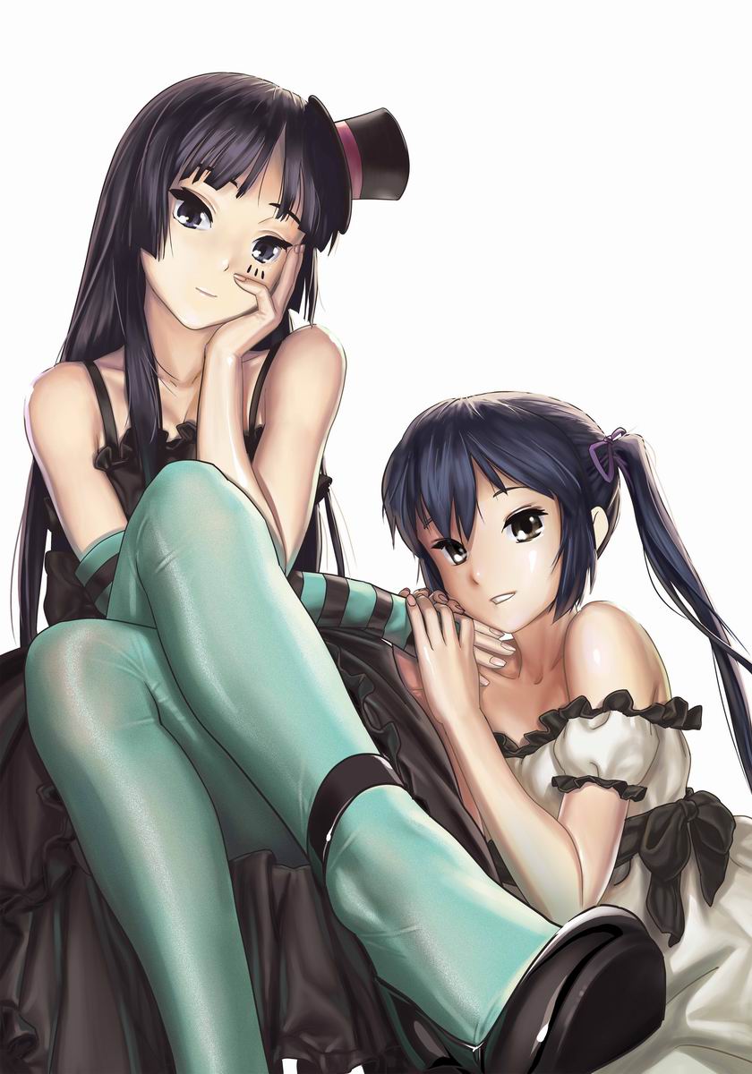 geister, akiyama mio, nakano azusa, don't say "lazy", k-on!, blue legwear, striped, highres, 00s, 2girls, aqua pantyhose, bare shoulders, black eyes, black hair, crossed legs, dress, facepaint, hat, high heels, legs, long hair, looking at viewer, mini hat, mini top hat, multiple girls, pantyhose, shoes, sitting, smile, top hat, twintails