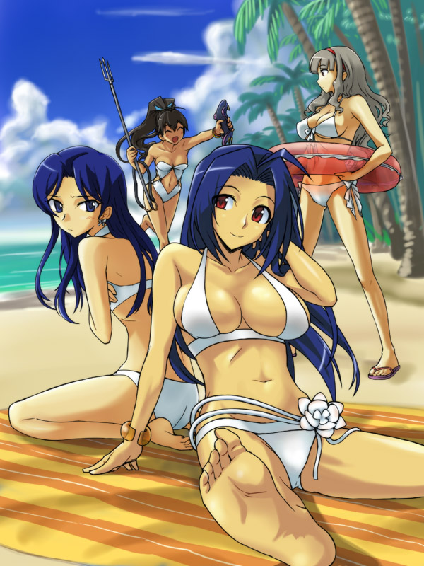 michael f91, ganaha hibiki, kisaragi chihaya, miura azusa, shijou takane, idolmaster, idolmaster (classic), toe-point, 00s, 4girls, ahoge, bare arms, bare legs, bare shoulders, barefoot, beach, bikini, black hair, blue eyes, blue hair, blunt bangs, blush, bow, bow bikini, bow bra, bra, bracelet, breasts, closed eyes, closed mouth, cloud, day, embarrassed, feet, fish, flip-flops, front-tie top, grey hair, hair between eyes, hairband, happy, high ponytail, innertube, jewelry, large breasts, lingerie, long hair, looking at another, looking at viewer, looking back, medium breasts, midriff, multiple girls, navel, ocean, open mouth, outdoors, parted bangs, polearm, ponytail, red eyes, red hairband, running, sandals, shy, side-tie bikini bottom, sitting, sky, small breasts, smile, soles, spear, standing, strapless, strapless bikini, string bikini, swim ring, swimsuit, toes, towel, trident, underwear, weapon, white bikini