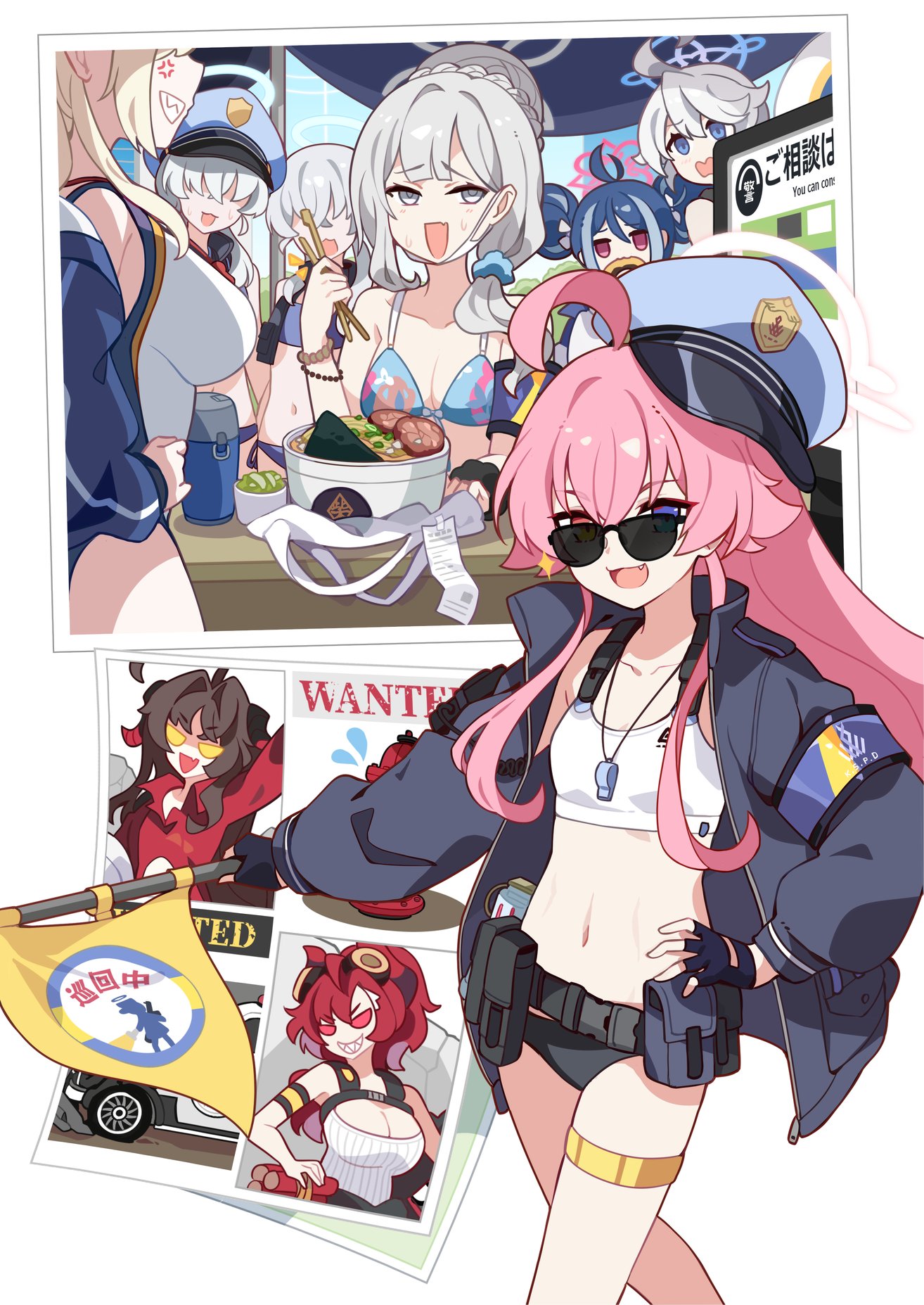ideolo, fubuki (blue archive), fubuki (swimsuit) (blue archive), hoshino (blue archive), kanna (blue archive), kanna (swimsuit) (blue archive), kasumi (blue archive), kirino (blue archive), kirino (swimsuit) (blue archive), konoka (blue archive), megu (blue archive), valkyrie police academy student (sg) (blue archive), blue archive, highres, 6+girls, ahoge, alternate costume, armband, bikini, blonde hair, blue eyes, blue hair, blue jacket, bottle, breasts, brown hair, car, chopsticks, cleavage, double bun, dynamite, explosive, fang, food, grey eyes, grey hair, hair bun, halo, hat, heterochromia, holding, holding chopsticks, horns, jacket, large breasts, long hair, mask, motor vehicle, multiple girls, navel, official alternate costume, one-piece swimsuit, pink hair, police hat, red hair, red shirt, sharp teeth, shirt, short hair, sunglasses, sweatdrop, sweater, swimsuit, teeth, thigh strap, wanted poster, whistle, whistle around neck, white hair, white one-piece swimsuit, yellow eyes