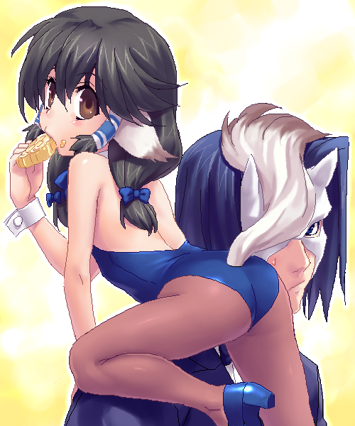 zen, aruruu, hakuowlo, utawarerumono, 00s, 1boy, 1girl, animal ears, ass, black hair, brown eyes, collar, detached collar, dog ears, high heels, looking back, mask, nontraditional playboy bunny, oekaki, pantyhose, playboy bunny, tail, wrist cuffs