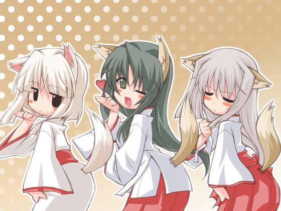 jinki, 3girls, animal ears, black eyes, blush, closed eyes, green eyes, green hair, heart, japanese clothes, leaning forward, long hair, looking back, miko, multiple girls, one eye closed, parody, pointing, polka dot, short hair, tail, white hair, wink