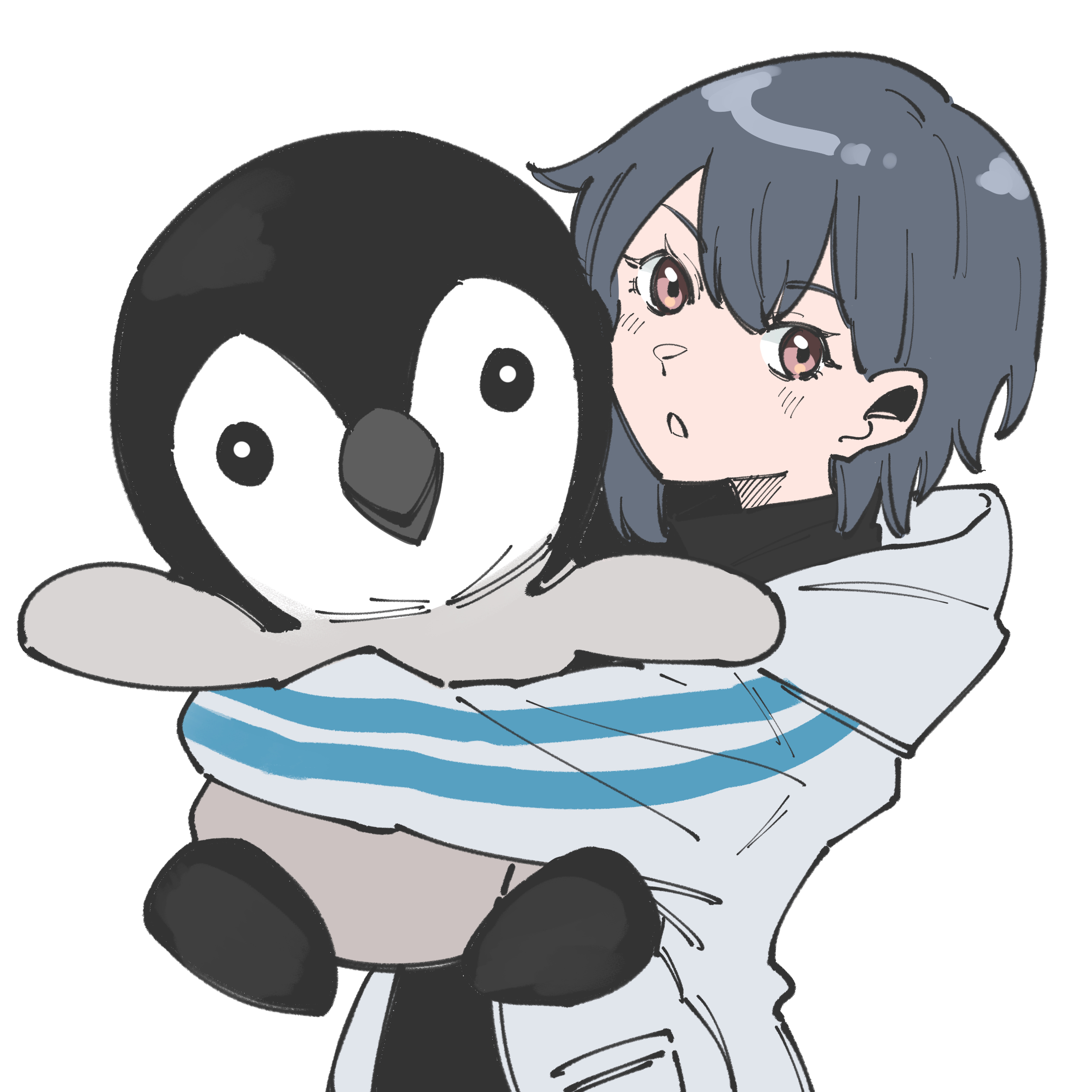 masruu, takamatsu tomori, bang dream!, bang dream! it's mygo!!!!!, absurdres, commentary, english commentary, highres, textless version, 1girl, blush, brown eyes, grey hair, hood, hood down, hooded jacket, hugging object, jacket, long sleeves, looking at viewer, open mouth, short hair, simple background, solo, stuffed animal, stuffed penguin, stuffed toy, white background, white jacket