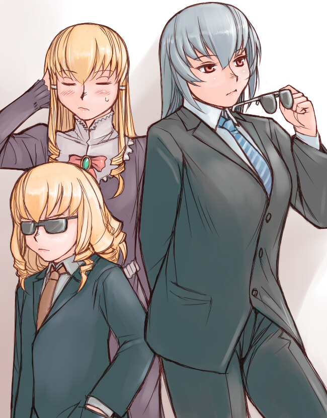 tsuda nanafushi, hinaichigo, shinku, suigintou, rozen maiden, silver hair, 00s, 3girls, aged up, blonde hair, breasts, dress, formal clothes, large breasts, multiple girls, necktie, pant suit, pants, suit, sunglasses