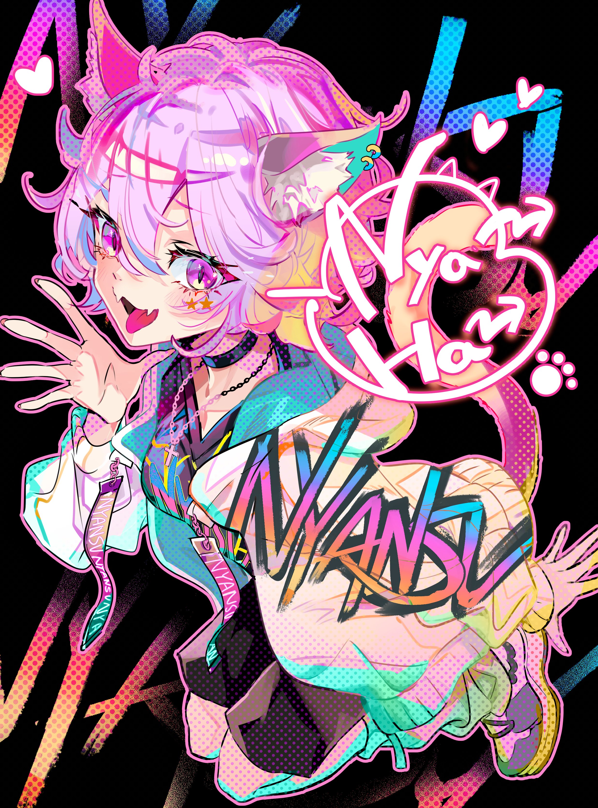 tetete (pooolsar), original, absurdres, highres, 1girl, animal ear fluff, animal ears, animal hands, black background, black skirt, cat ears, cat paws, cat tail, coat, fang, graffiti, hair between eyes, hand up, heart, jewelry, looking at viewer, medium hair, necklace, pink eyes, pink hair, shoes, skirt, sneakers, tail, tongue, tongue out, white coat