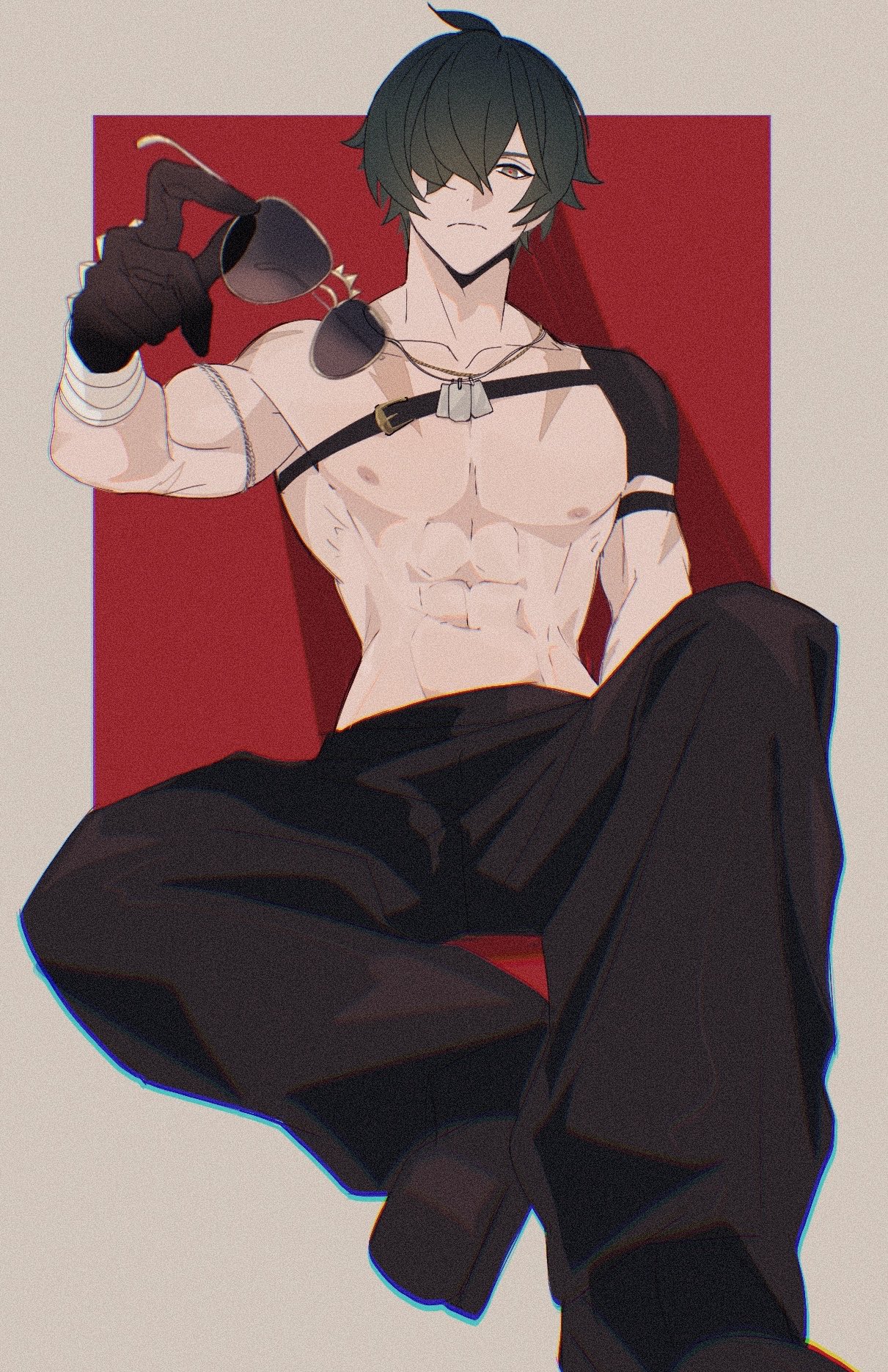 lighter (zenless zone zero), zenless zone zero, highres, 1boy, abs, arm strap, bandaged arm, bandages, bicep strap, black gloves, black pants, black shoes, border, brown border, chest belt, closed mouth, collarbone, dog tags, feet out of frame, gloves, green eyes, green hair, hair over one eye, holding, holding removed eyewear, looking at viewer, male focus, multiple scars, muuuuuuu zzz, navel, nipples, pants, pectorals, red background, red pupils, scar, scar on arm, scar on chest, shoes, short hair, sitting, solo, unworn eyewear