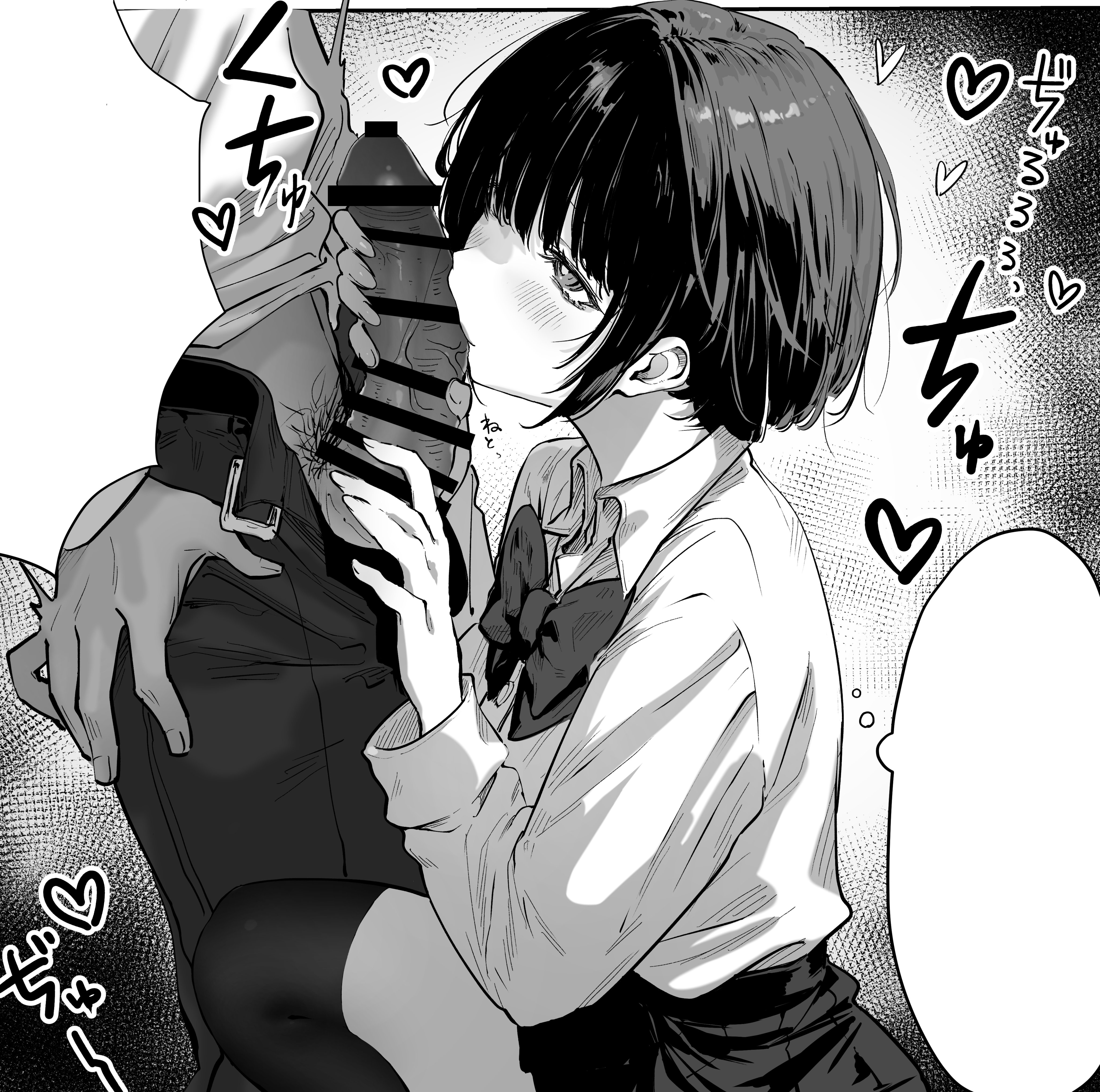 piratescat01, original, absurdres, highres, 1boy, 1girl, bar censor, censored, fellatio, grey background, greyscale, handjob, hetero, licking, licking penis, monochrome, oral, penis, school uniform, shirt, short hair, skirt, speech bubble, thought bubble