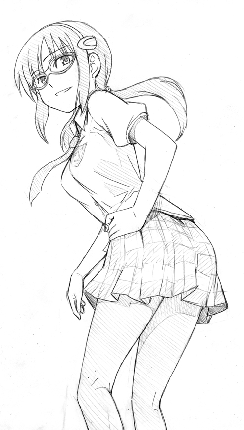 anbe masahiro, makinami mari illustrious, evangelion: 2.0 you can (not) advance, neon genesis evangelion, rebuild of evangelion, 00s, 1girl, breasts, female focus, glasses, greyscale, hairband, monochrome, necktie, plaid clothes, plaid skirt, school uniform, simple background, skirt, solo, white background