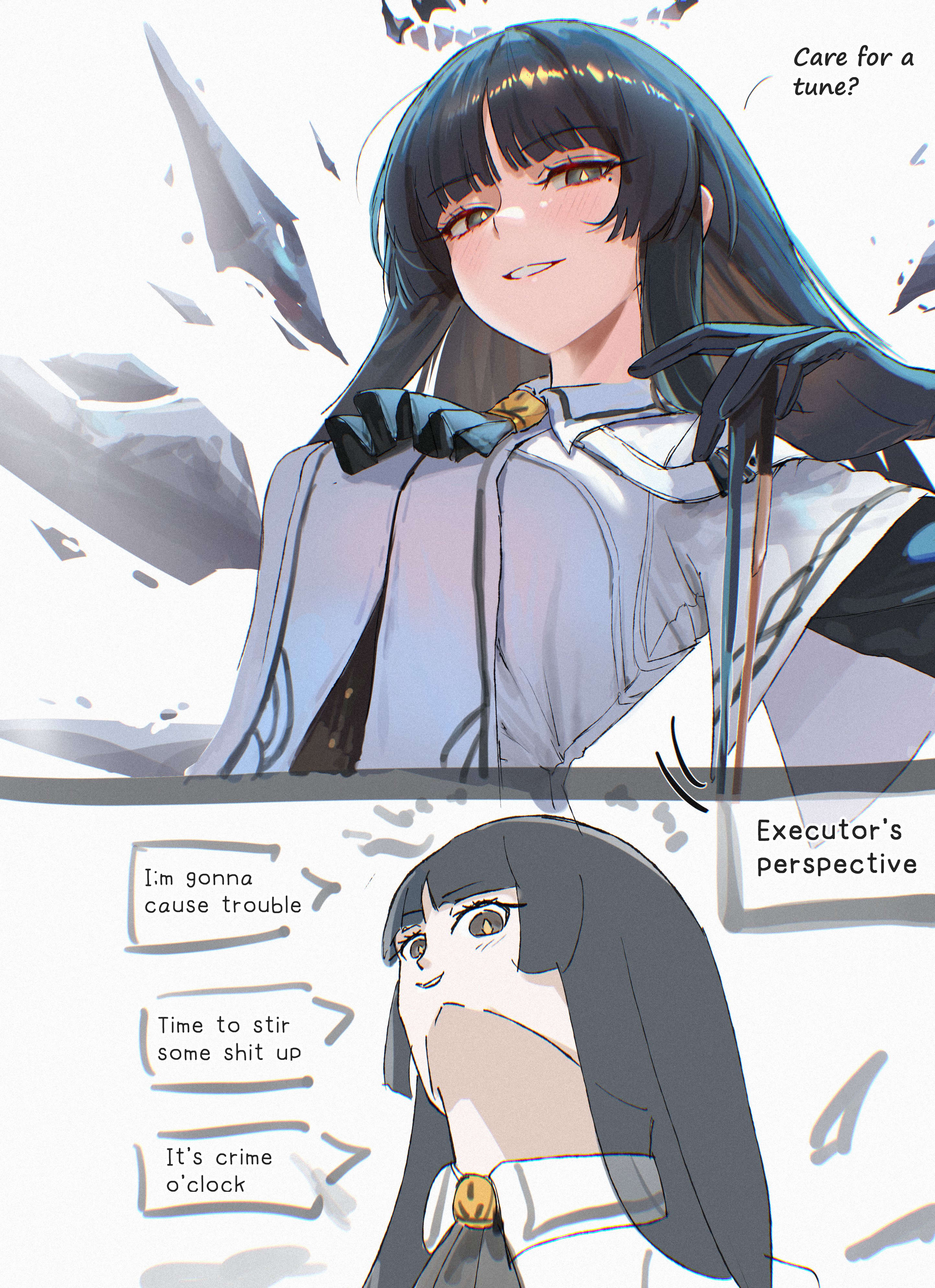 uof, virtuosa (arknights), arknights, absurdres, highres, 1girl, ascot, black ascot, black eyes, black gloves, black hair, black halo, black wings, detached wings, gloves, halo, hime cut, jacket, long hair, looking at viewer, looking down, meme, parted lips, smile, solo, upward angle frieren drawing (meme), white jacket, wings