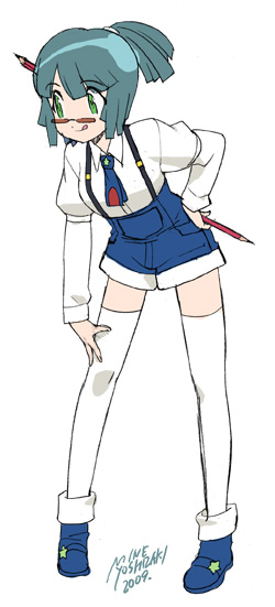 yoshizaki mine, katoyama kiko, keroro gunsou, blouse, glasses, hand on own hip, high ponytail, necktie, pencil, pencil as mustache, ponytail, shirt, simple background, solo, square-end necktie, suspenders, thighhighs, white background, white shirt, white thighhighs, wooden pencil