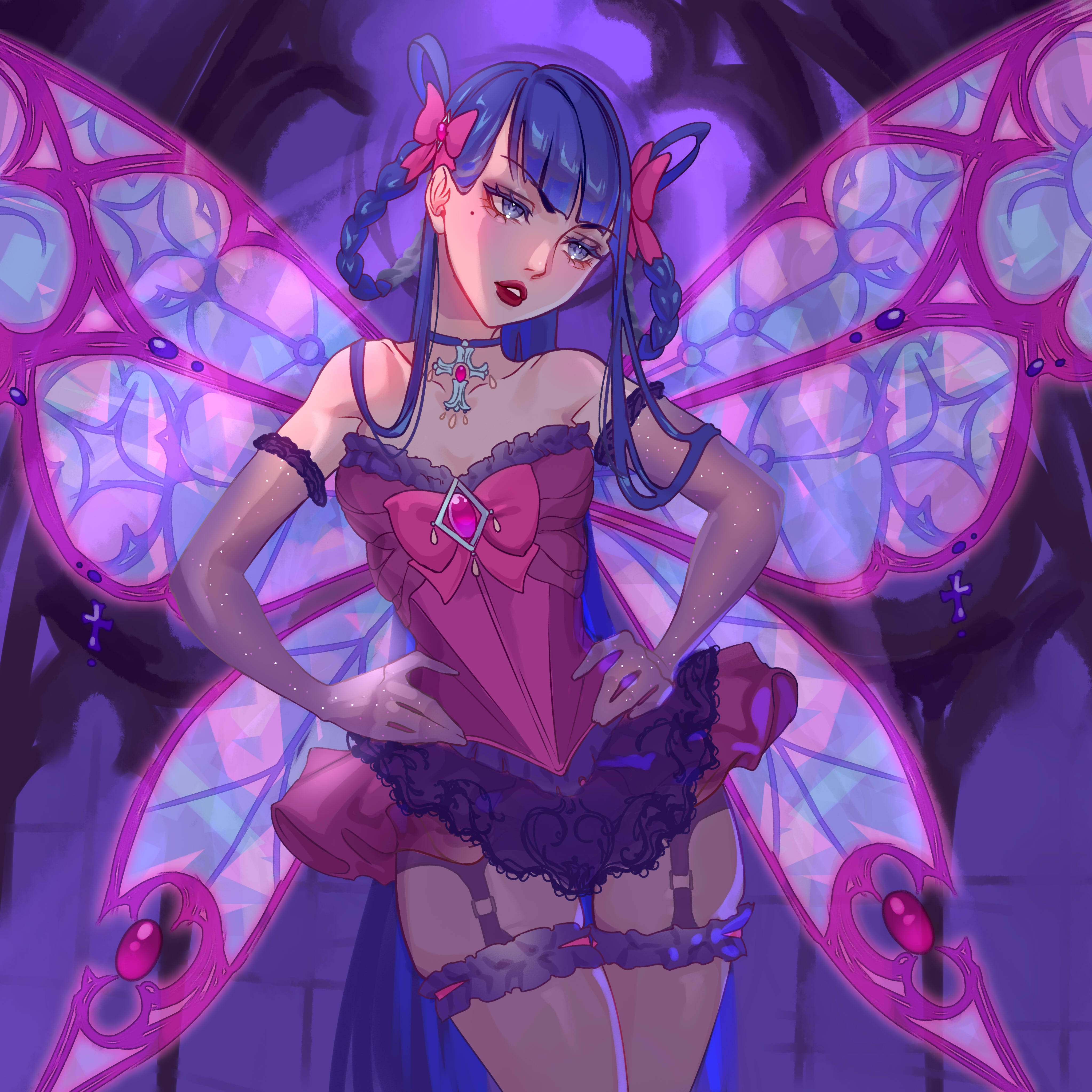 luverihu, musa (winx club), winx club, absurdres, highres, 1girl, bare shoulders, blue hair, bow, braid, chimera, choker, corset, cross, enchantix, eyelashes, fairy, fairy wings, glitter, gloves, hair bow, long hair, makeup, mole, mole under eye, pantyhose, parted lips, red lips, solo, twin braids, wings