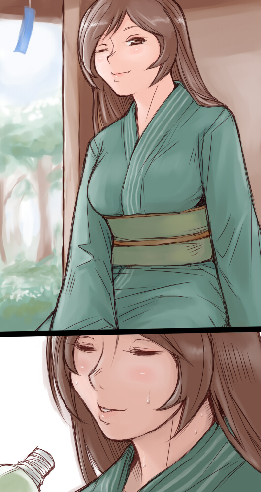 tsuda nanafushi, suiseiseki, rozen maiden, 00s, 1girl, aged up, brown eyes, brown hair, female focus, green kimono, japanese clothes, kimono, nature, one eye closed, solo, sweat, wink, yukata