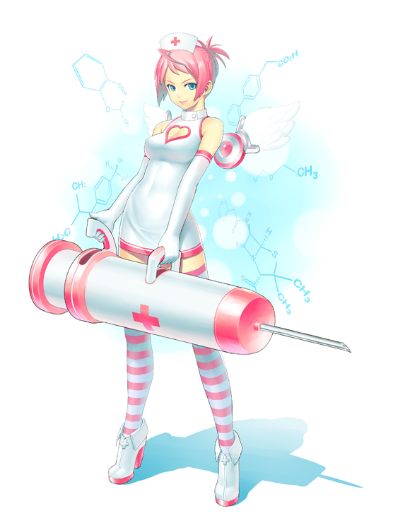 k+, cleavage cutout, clothing cutout, elbow gloves, gloves, hat, high heels, large syringe, legs, needle, nurse, oversized object, pink hair, shoes, short hair, solo, striped clothes, striped thighhighs, syringe, thighhighs