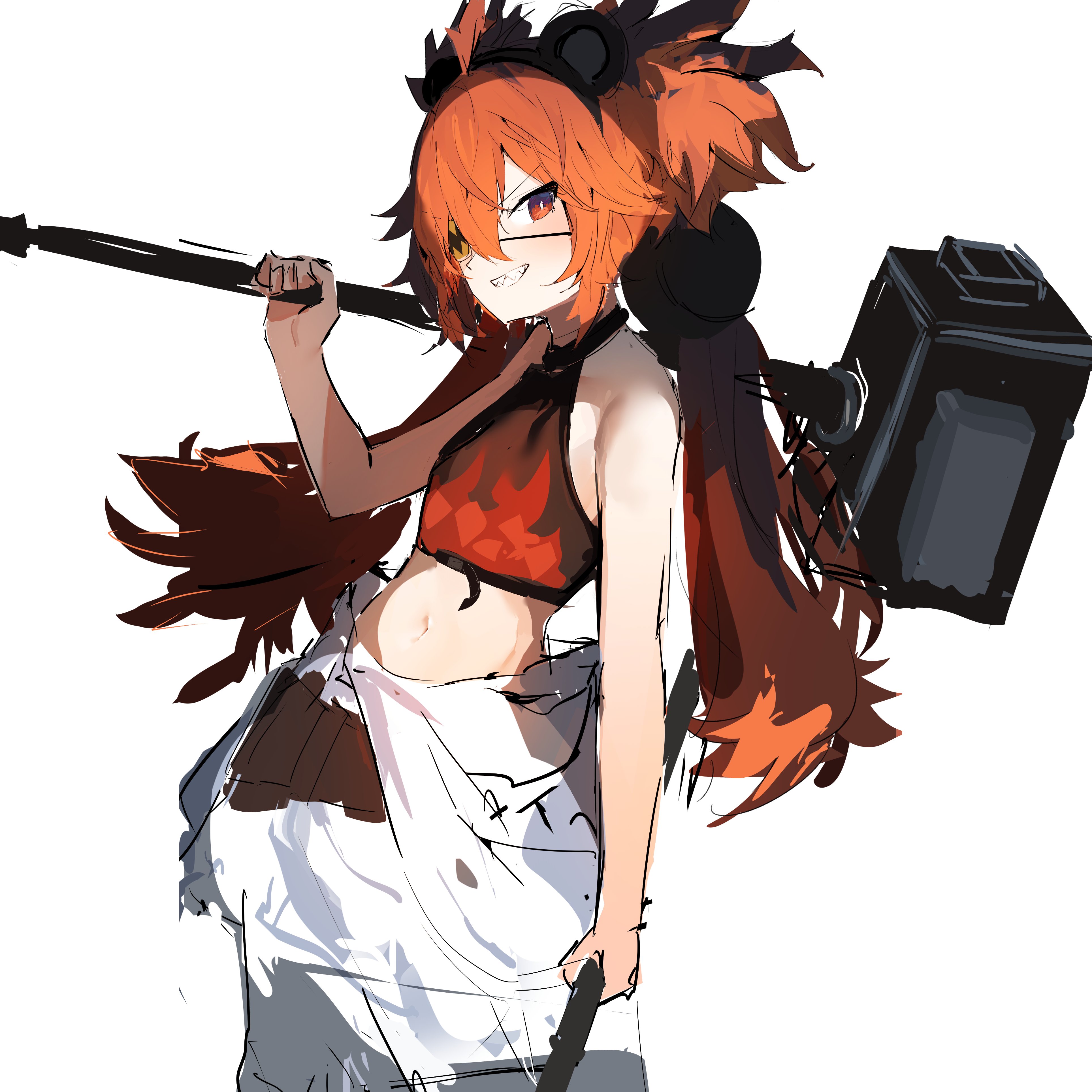 katata, koleda belobog, zenless zone zero, absurdres, highres, 1girl, ahoge, animal ear hairband, animal ears, bare shoulders, bear ear hairband, bear ears, bright pupils, cowboy shot, crop top, eyepatch, fake animal ears, flame print, grin, hair ornament, hairband, hammer, holding, holding hammer, holding weapon, jumpsuit, jumpsuit around waist, long hair, midriff, navel, over shoulder, pants, red eyes, red hair, sharp teeth, simple background, smile, solo, sphere hair ornament, teeth, twintails, v-shaped eyebrows, weapon, weapon over shoulder, white background, white pants, white pupils
