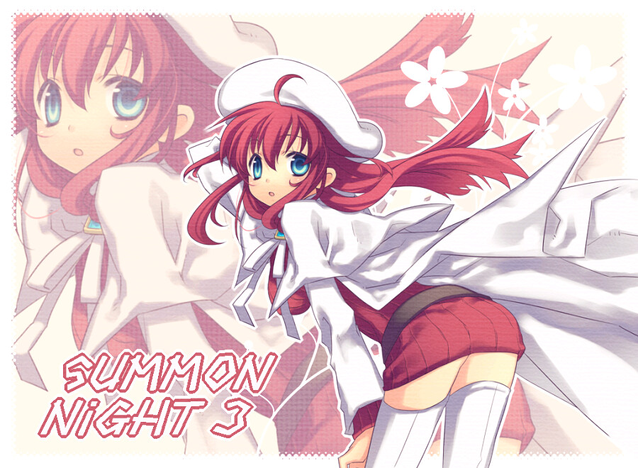 al, mugura, aty, aty (summon night), summon night, summon night 3, bad id, bad pixiv id, 1girl, ass, belt, bent over, blue eyes, blush, boots, breasts, brooch, cape, female focus, hat, jewelry, large breasts, leaning forward, long hair, looking back, open mouth, red hair, solo, sweater, thigh boots, thighhighs, zettai ryouiki, zoom layer