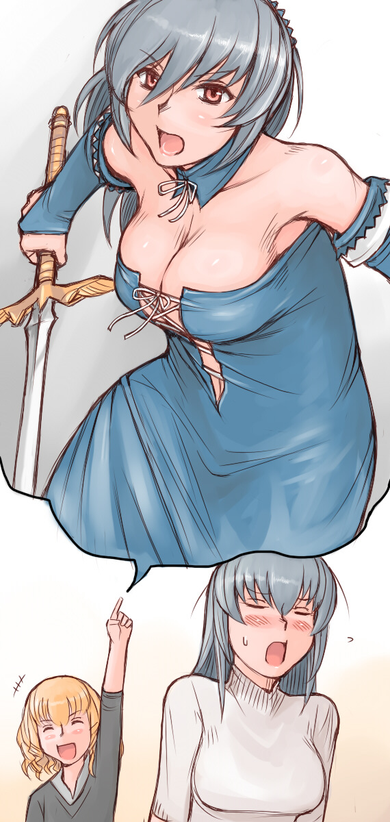 tsuda nanafushi, hinaichigo, suigintou, rozen maiden, silver hair, highres, long image, tall image, 00s, aged up, bare shoulders, blonde hair, blush, breasts, bridal gauntlets, cleavage, imagining, large breasts, open mouth, sword, weapon