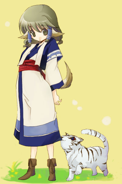 161, aruruu, mukkuru, utawarerumono, striped, 00s, aged down, animal ears, brown eyes, brown hair, dog ears, solo, tail, tiger