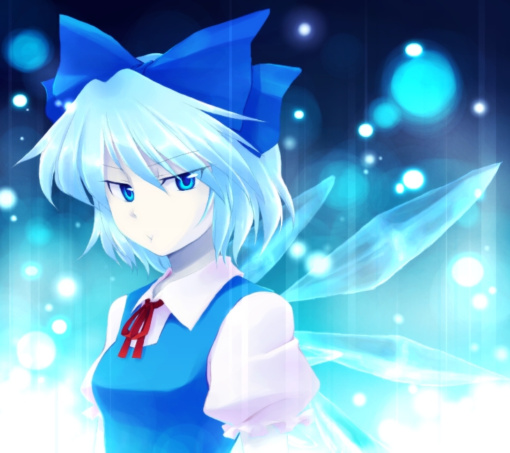 hanjuku tomato, cirno, embodiment of scarlet devil, touhou, bad id, bad pixiv id, 1girl, :t, blue eyes, blue hair, dress, female focus, gradient background, matching hair/eyes, pout, short hair, solo, upper body, wings