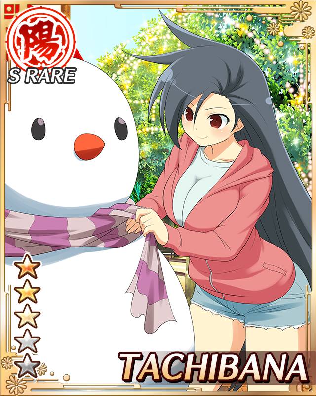 tachibana (senran kagura), senran kagura, senran kagura new wave, game cg, official art, 1girl, black hair, border, breasts, building snowman, card (medium), character name, christmas lights, closed mouth, denim, denim shorts, english text, hood, hoodie, large breasts, long hair, official alternate costume, pink hoodie, purple scarf, red eyes, scarf, shirt, shorts, smile, snow, snowman, solo, striped clothes, striped scarf, swept bangs, vertical-striped clothes, vertical-striped scarf, very long hair, white shirt, winter clothes