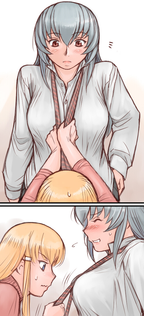 tsuda nanafushi, shinku, suigintou, rozen maiden, silver hair, long image, tall image, 00s, 2girls, aged up, blonde hair, blue eyes, blush, breast envy, breasts, formal clothes, large breasts, looking at breasts, multiple girls, necktie