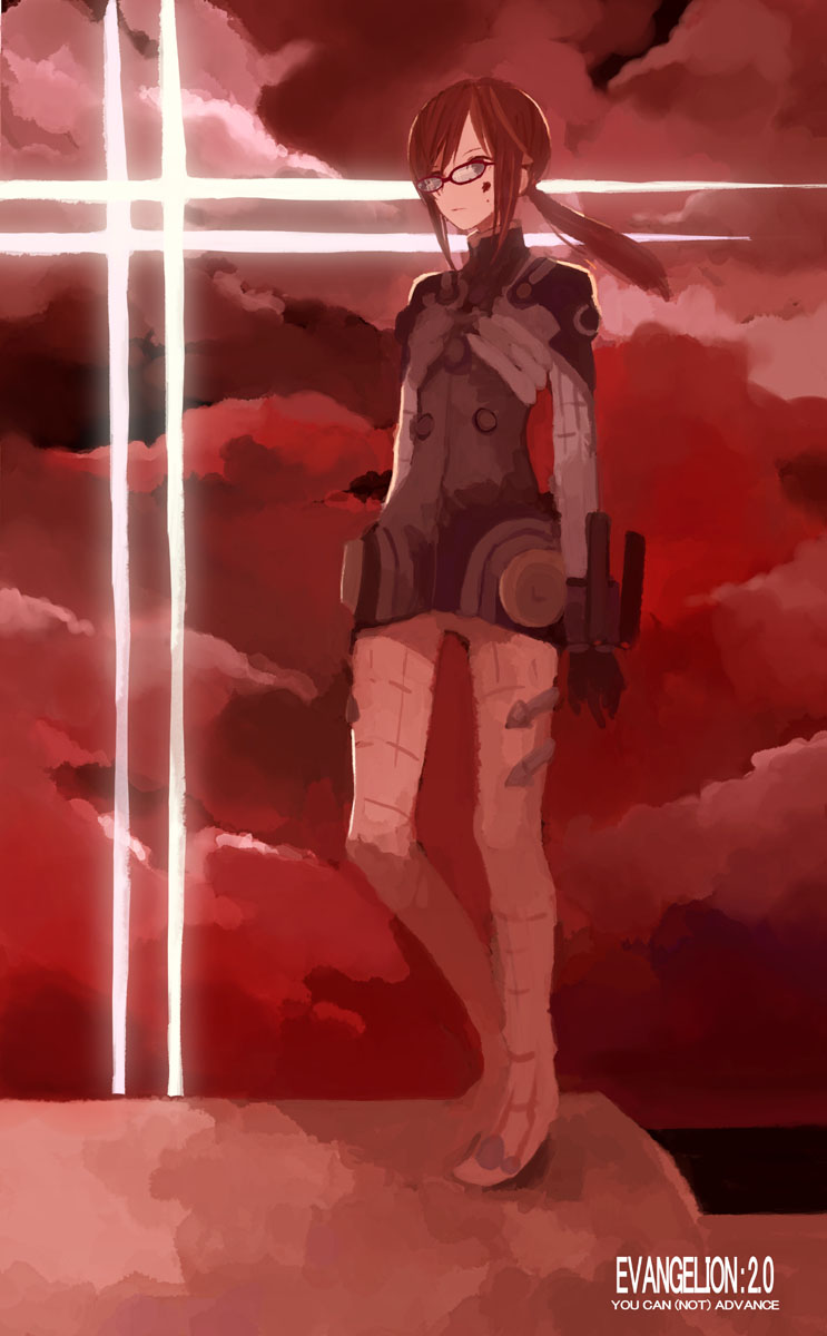 mitsuki mouse, walt, makinami mari illustrious, neon genesis evangelion, rebuild of evangelion, bad id, bad pixiv id, highres, 00s, 1girl, blood, cross, female focus, glasses, mecha pilot suit, outdoors, plugsuit (evangelion), red sky, red theme, sky, solo