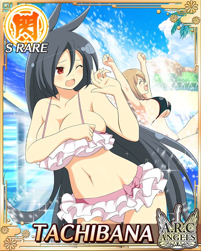 karasu (senran kagura), tachibana (senran kagura), senran kagura, senran kagura new wave, game cg, official art, 2girls, :d, arm up, bikini, black bikini, black hair, border, breasts, brown hair, card (medium), character name, covering breasts, covering privates, day, english text, frilled bikini, frills, large breasts, long hair, looking back, multiple girls, navel, official alternate costume, one eye closed, open mouth, pink bikini, red eyes, skindentation, smile, solo focus, splashing, swept bangs, swimsuit, very long hair, water slide