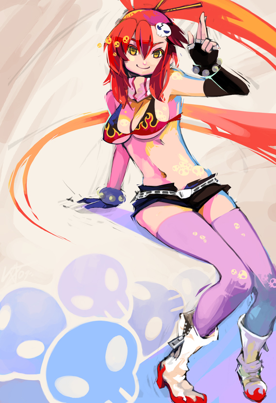 woofycakes, yoko littner, tengen toppa gurren lagann, bad deviantart id, bad id, 00s, 1girl, belt, bikini, bikini top only, boots, breasts, cleavage, female focus, fingerless gloves, gloves, hair ornament, large breasts, legs, long hair, midriff, navel, pink thighhighs, ponytail, red hair, scarf, short shorts, shorts, sitting, smile, solo, studded belt, swimsuit, thighhighs, underboob, unzipped, yellow eyes, zipper