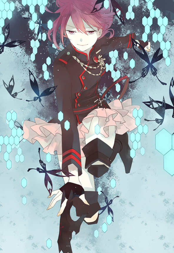 lilee (llaynie), lenalee lee, d.gray-man, 1girl, abstract background, armored boots, badge, belt, black background, black belt, black boots, black butterfly, black gloves, black jacket, black order uniform, black skin, boots, breasts, bug, butterfly, buttons, chain, colored skin, cross, facing viewer, fingerless gloves, floating hair, frown, gloves, gold chain, gradient background, grey background, hair between eyes, hand tattoo, hexagon, hexagon print, horizontal-striped belt, insect, jacket, long sleeves, looking at viewer, medium breasts, military, military uniform, miniskirt, pale skin, pink eyes, pink hair, pink skirt, pleated skirt, reaching, reaching towards another, short hair, sidelocks, skirt, solo, striped belt, striped clothes, striped jacket, tattoo, teez (d.gray-man), thigh boots, thighs, turtleneck, turtleneck jacket, two-tone background, vertical-striped clothes, vertical-striped jacket