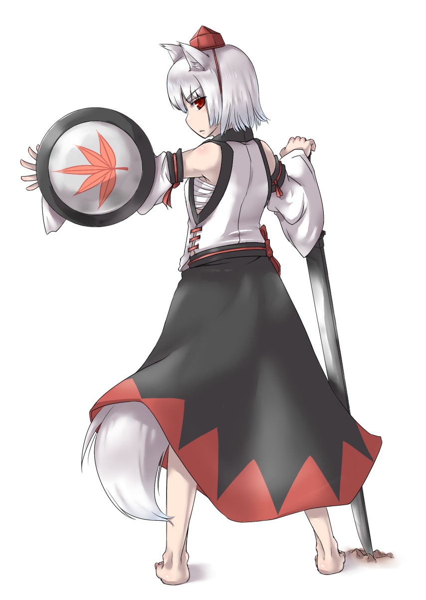 ishikoro, inubashiri momiji, touhou, silver hair, bad id, bad pixiv id, highres, 1girl, animal ears, barefoot, female focus, from behind, hat, looking back, red eyes, sarashi, shield, short hair, simple background, skirt, solo, sword, tail, tokin hat, weapon, wolf ears, wolf tail