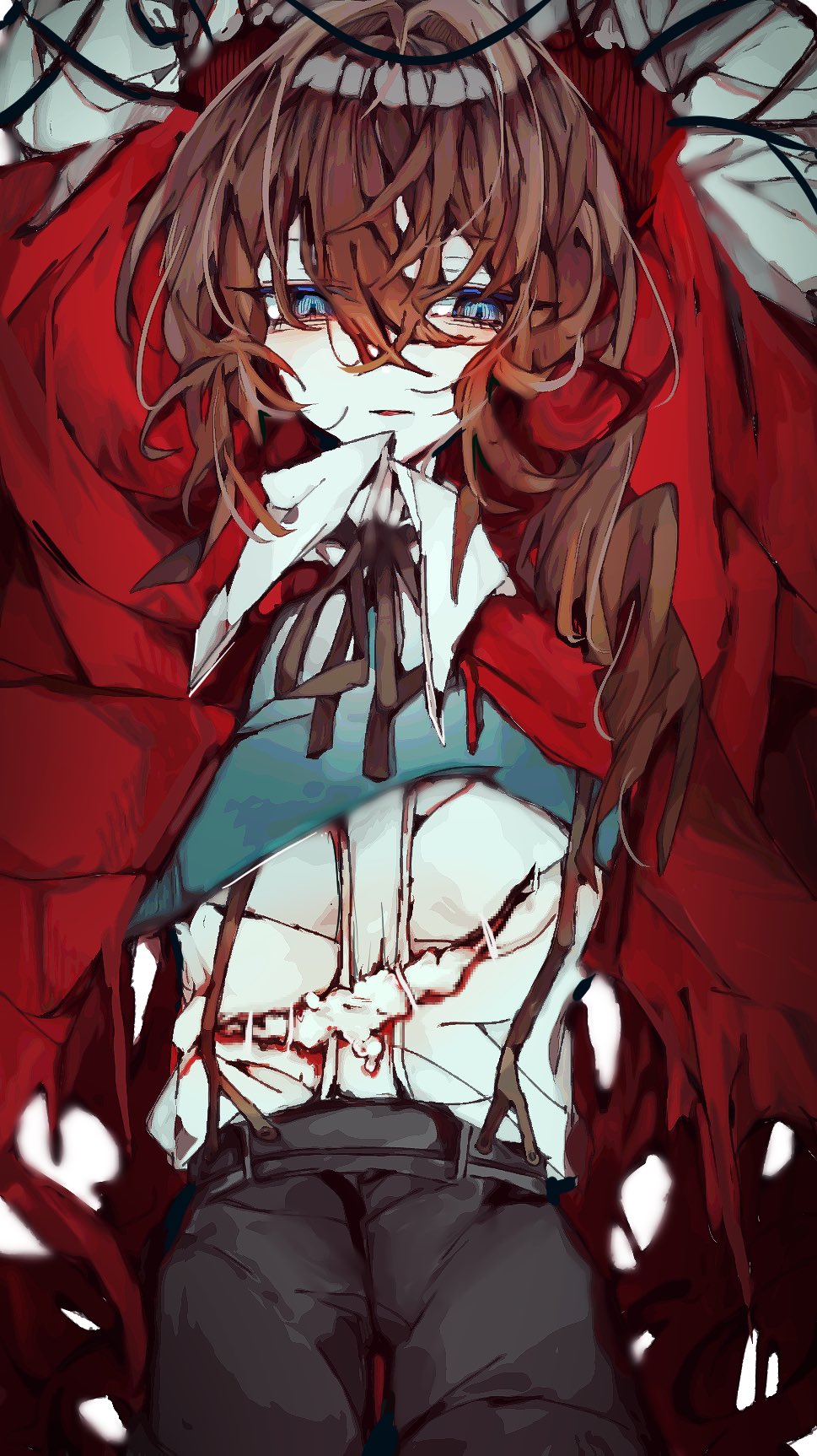 shiosan, edgar valden, identity v, archived source, highres, 1boy, androgynous, black pants, blue eyes, brown hair, brown ribbon, capelet, crossed bangs, downturned eyes, drill hair, drill ponytail, hair between eyes, hair intakes, injury, male focus, neck ribbon, no headwear, pants, red capelet, ribbon, shirt, side ponytail, stuffing, suspenders, white shirt