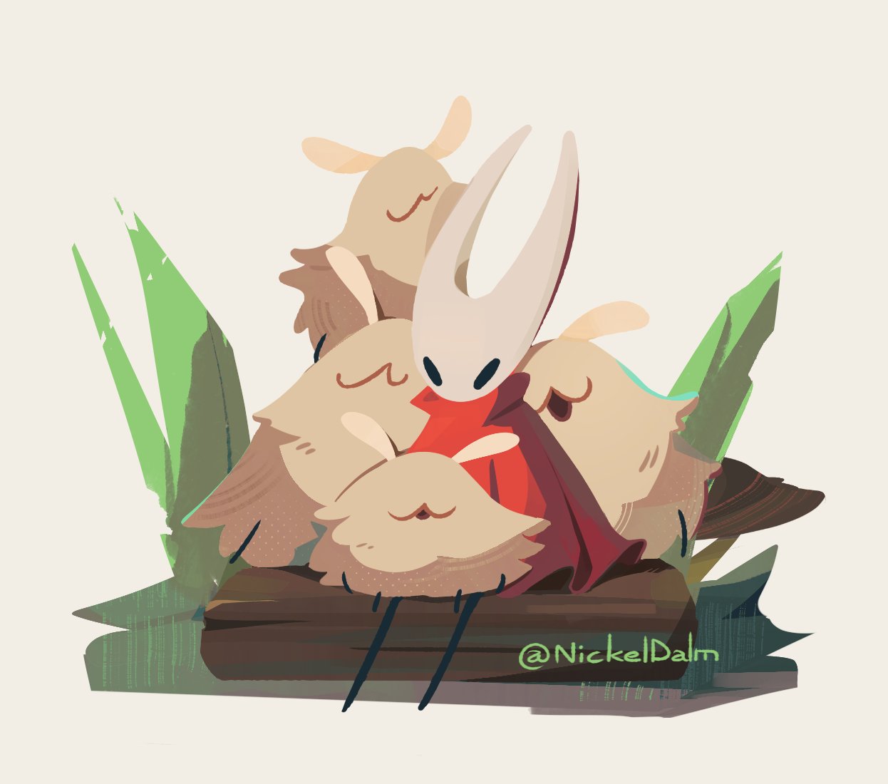 nickeldalm, flea (hollow knight), hornet (hollow knight), hollow knight, hollow knight: silksong, commentary, english commentary, 1girl, animal, animal on lap, arthropod girl, black skin, cloak, colored skin, full body, horned mask, horns, leaf, log, mask, on lap, plant, red cloak, sitting, sitting on log, white background, white mask