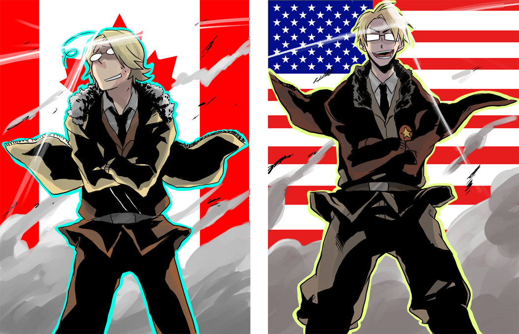 tehryu, america (hetalia), canada (hetalia), konishi katsuyuki, axis powers hetalia, tengen toppa gurren lagann, 2boys, ahoge, american flag, blonde hair, bomber jacket, brothers, canada, canadian flag, crossed arms, flag, glasses, grin, jacket, lens flare, male focus, multiple boys, parody, siblings, smile, united states, voice actor connection