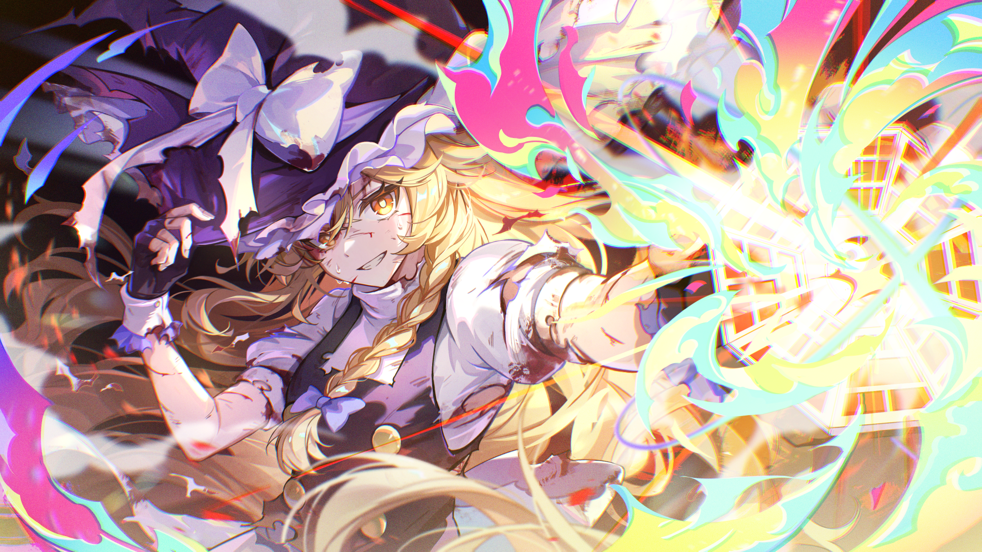 kyusoukyu, kirisame marisa, touhou, commentary request, highres, paid reward available, 1girl, back bow, black gloves, black hat, black vest, blonde hair, blood, blood on clothes, bow, braid, buttons, double-breasted, fingerless gloves, gloves, grin, hair between eyes, hair bow, hand on headwear, hat, hat bow, hat ribbon, long hair, master spark, mini-hakkero, puffy short sleeves, puffy sleeves, purple bow, ribbon, shirt, short sleeves, side braid, single braid, smile, solo, torn clothes, torn hat, torn shirt, torn vest, upper body, vest, white bow, white ribbon, white shirt, witch hat, yellow eyes