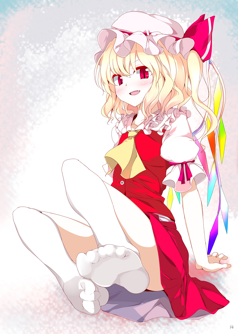 oouso, flandre scarlet, embodiment of scarlet devil, touhou, 1girl, blonde hair, blush, fang, feet, female focus, foot focus, hat, ponytail, red eyes, short hair, side ponytail, socks, solo, wings