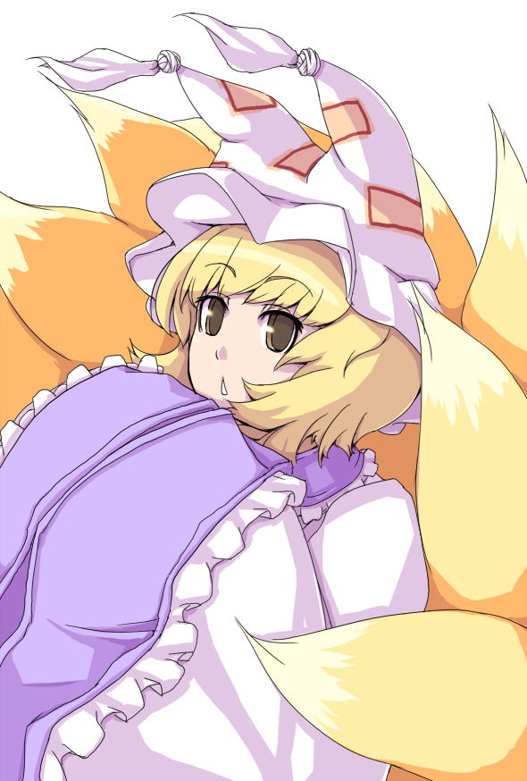 ishikoro, yakumo ran, touhou, bad id, bad pixiv id, 1girl, animal hat, blonde hair, female focus, fox tail, hands in opposite sleeves, hat, long sleeves, mob cap, multiple tails, short hair, solo, tail, tassel, white background, wide sleeves, yellow eyes