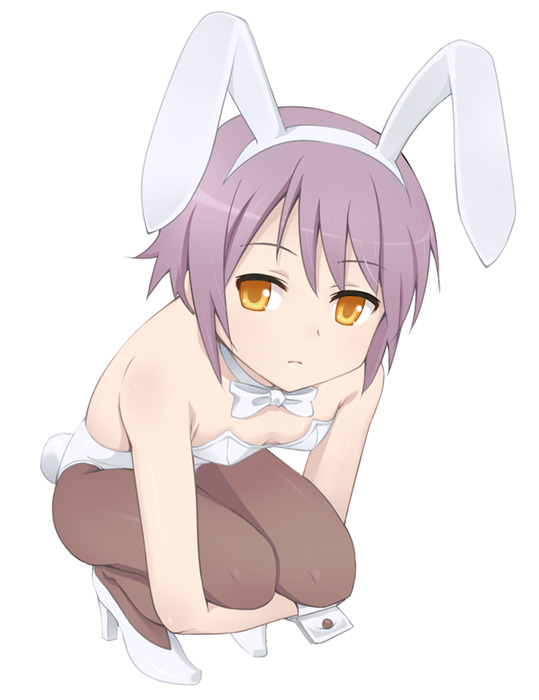 hashi, nagato yuki, suzumiya haruhi no yuuutsu, bad id, bad pixiv id, 00s, 1girl, animal ears, bob cut, choker, downblouse, fake animal ears, female focus, flat chest, grey hair, high heels, orange eyes, pantyhose, playboy bunny, rabbit ears, shoes, short hair, solo, squatting