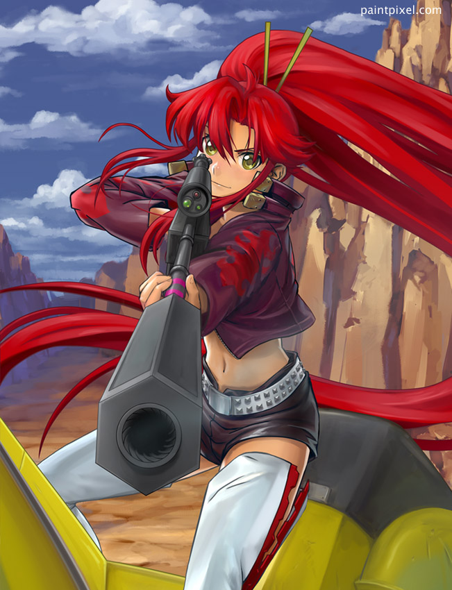paintpixel, yoko littner, tengen toppa gurren lagann, 00s, anti-materiel rifle, belt, boots, elbow gloves, foreshortening, gloves, gun, jacket, long hair, midriff, ponytail, red hair, rifle, short shorts, shorts, sniper rifle, solo, studded belt, thigh boots, thighhighs, weapon, yellow eyes