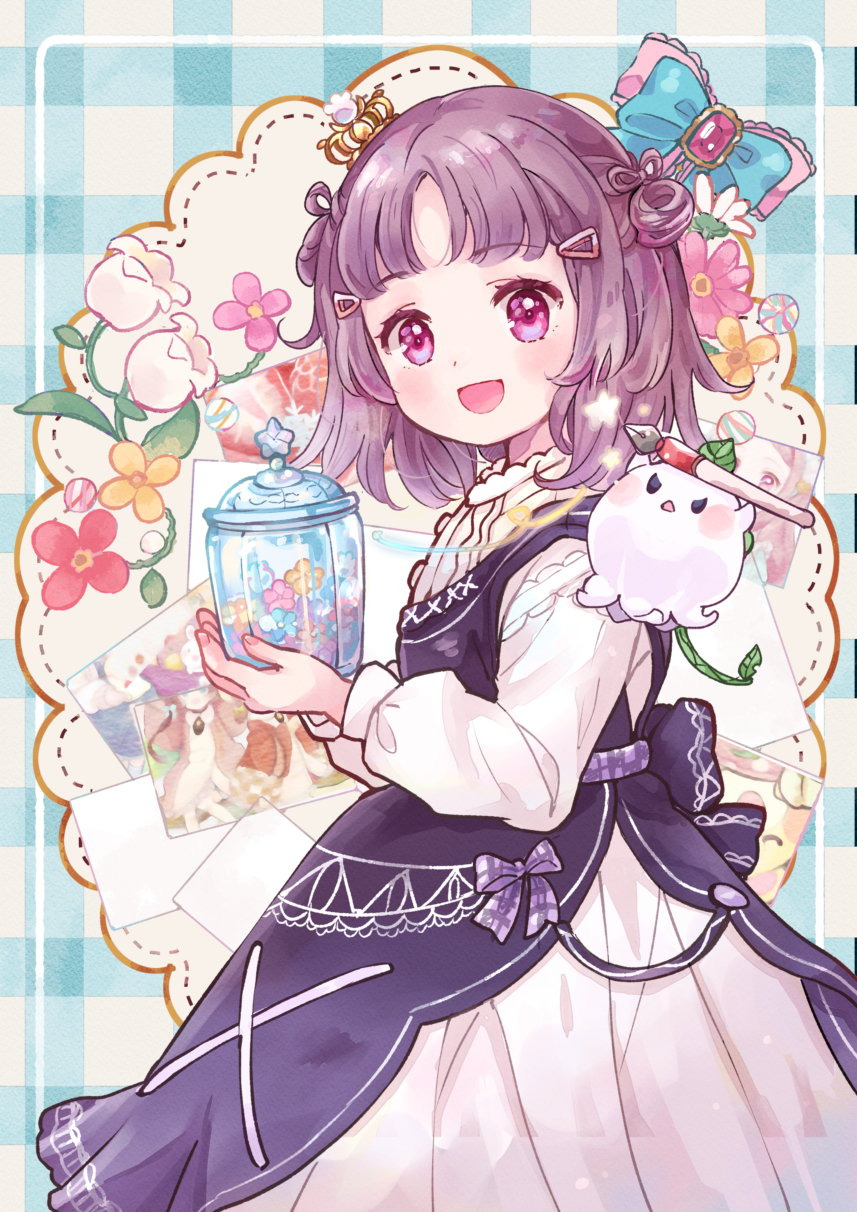 hacosumi, original, absurdres, commentary request, highres, 1girl, :d, back bow, black bow, black dress, blue background, blue bow, bow, cowboy shot, crown, dress, flower, from side, gingham background, gold crown, hair ornament, hairclip, holding, holding jar, jar, long sleeves, looking at viewer, medium hair, mini crown, open mouth, parted bangs, pinafore dress, pink bow, pink flower, purple bow, purple eyes, purple hair, red flower, sleeveless, sleeveless dress, smile, solo, standing, star (symbol), white dress, white flower, yellow flower