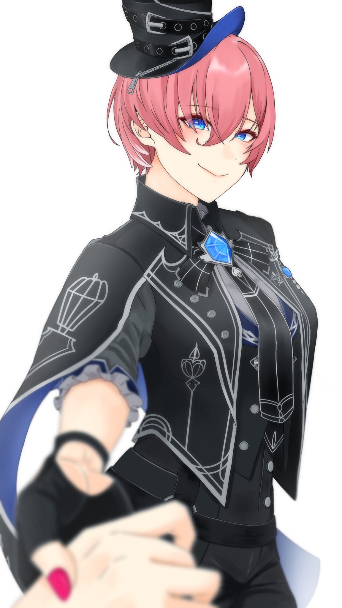 ringo 21 a, takane lui, takane lui (british gothic), hololive, commentary request, highres, 1girl, black cape, black gloves, black hat, black necktie, black shirt, blue eyes, blue gemstone, breasts, brooch, cape, closed mouth, cowboy shot, fingerless gloves, gem, gloves, hair between eyes, hat, holding hands, jewelry, looking at viewer, medium breasts, necktie, official alternate costume, pink hair, pov, pov hands, shirt, short hair, simple background, smile, solo focus, virtual youtuber, white background